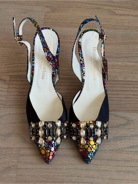 Bruno Giordano Pointed Toe Slingback Multicolor Rhinestone Embellished Heels